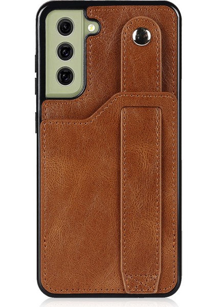 El Kayışı Kickstand Rfıd Engelleme Fonksiyonu Anti-Drop Pu Deri Kaplamalı Tpu Telefon Kılıfı Samsung Galaxy S21 Fe 5G/S21 Fan Edition-Brown Için Kart Yuvası (Yurt Dışından)