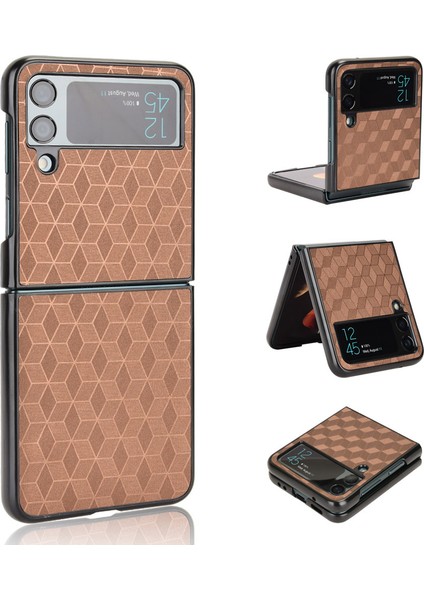 Samsung Galaxy Z Flip4 Için 5g Anti-Çizgiye Karşı Rhombus Baskılı Katlanır Telefon Kılıf Anti Drop Pu Deri Kaplamalı Pc Kapak-Kahverengi (Yurt Dışından)
