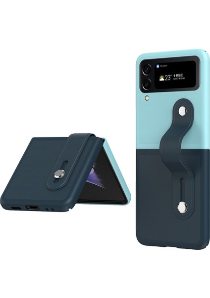 Samsung Galaxy Z Flip4 Için 5g Pu Deri Kaplamalı Pc Telefon Kılıfı Bilek Band Kickstand Tasarım Kontrast Renk Kapağı-Dark Mavi/bebek Mavisi (Yurt Dışından)