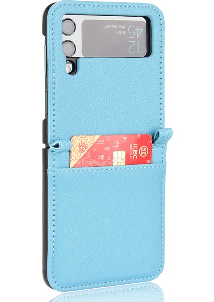 Samsung Galaxy Z Flip3 Için 5g Litchi Doku Pu Deri Kaplamalı Pc Kılıf Kartı Yuvası Tek Parçalı Telefon Kapak Baby Mavi (Yurt Dışından)