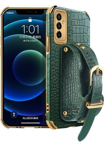 Samsung Galaxy M23 5G/F23 5g Şok Geçirmez Anti-Fall Cep Telefonu Kapağı 6d Elektrokürlü Timsah Doku Telefon Kılıfı Pu Deri Kaplamalı Tpu Kabuğu El Kayışı Kickstand-Yeşil (Yurt Dışından)