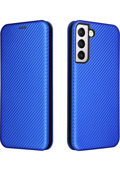 Karbon Fiber Doku Pu Deri Telefon Kasası Otomatik Emilen Manyetik Kapanma Samsung Galaxy S22+5G-MAVI Için Halka Kayışlı Flip Kapak (Yurt Dışından)