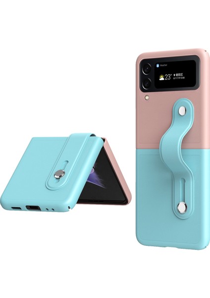 Samsung Galaxy Z Flip4 Için 5g Pu Deri Kaplamalı Pc Telefon Kılıfı Bilek Band Kickstand Tasarım Kontrast Renk Kapak Baby Mavi/pembe (Yurt Dışından)