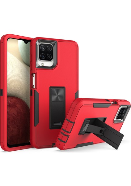 Samsung Galaxy A12 Hard Pc+Yumuşak Tpu Hibrid Kapak Kickstand Telefon Kılıfı Metal Metal Kırmızı/siyah (Yurt Dışından)
