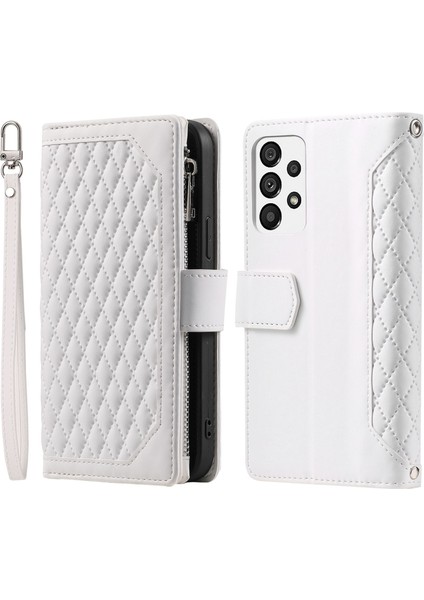 005 Samsung Galaxy A73 Için Stil 5g Rhmombus Doku Akıllı Telefon Kapağı Pu Deri Fermuar Cep Stand Stand Strap-White ile Bırakma Kılıfı (Yurt Dışından)