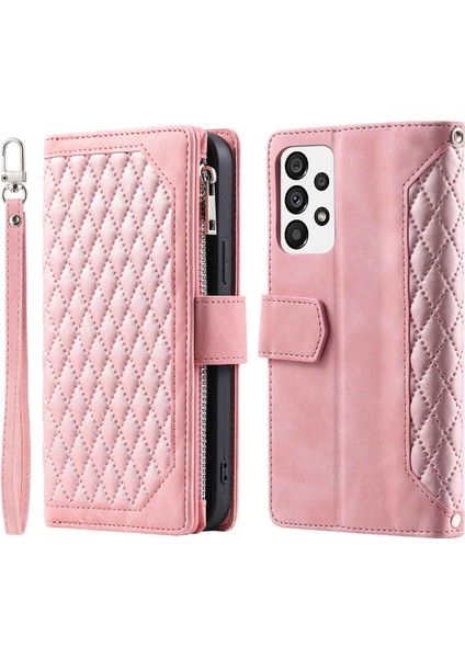 005 Samsung Galaxy A73 5g Rhmombus Doku Akıllı Telefon Kapağı Pu Deri Fermuar Cep Stand Strap-Rose Altın (Yurt Dışından)