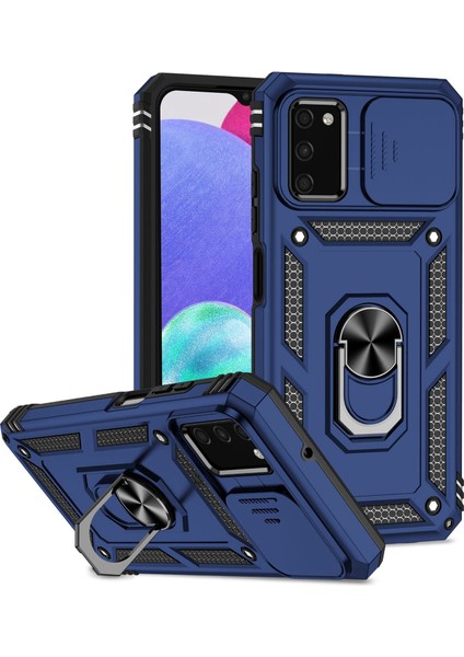 Samsung Galaxy A03S (164.2 x 75.9 x 9.1mm) Yüzük Kickstand Telefon Kasası Anti-Fall Koruma Sert Pc+Tpu Kabuğu Slayt Kamera Koruma Kapak Mavisi (Yurt Dışından)