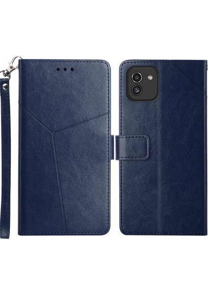 Samsung Galaxy A03 (164.2X75.9X9.1MM) Manyetik Pu Deri Stand Cüzdan Kılıfı Şık Cep Telefon Kapağı Y Şeklinde Çizgiler Strap-Mavi ile Baskılı Telefon Kabuğu (Yurt Dışından)