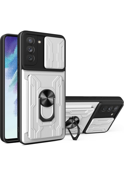 Kamera Slayt Kapağı Çıkarılabilir Kart Yuvası Tasarımı Pc+Tpu Hibrit Telefon Kılıfı Samsung Galaxy S21 Fe 5g-Beyaz (Yurt Dışından)