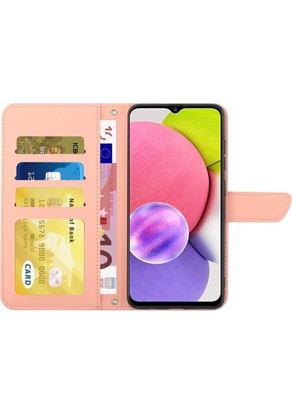 Samsung Galaxy A03S (166.5 x 75.98 x 9.14MM) Kelebek Çiçekler Baskılı Stand Telefon Kılıfı Pu Deri Cüzdan Rhinestone Dekor Cilt Touch Kapak Omuz Kayış Pembe (Yurt Dışından)