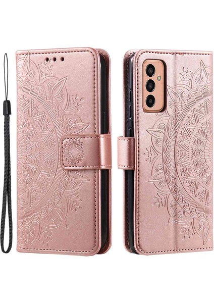 Samsung Galaxy M13 Için 4g Kırmızı Dayanıklı Folio Stand Kapağı Mandala Çiçek Deseni Baskılı Pu Deri Cüzdan Flip Case Bilek Kayış-Rose Altın (Yurt Dışından)