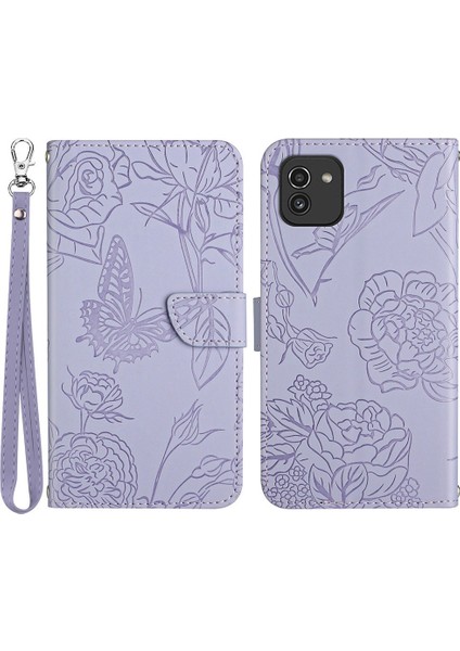 Samsung Galaxy A03 Için (164.2 x 75.9 x 9.1mm) Cilt Dokunuşu Deri Kasa Kelebek Çiçeği Baskalı Cüzdan Standı Koruyucu Kapak Bilek Kayış Işığı Mor (Yurt Dışından)