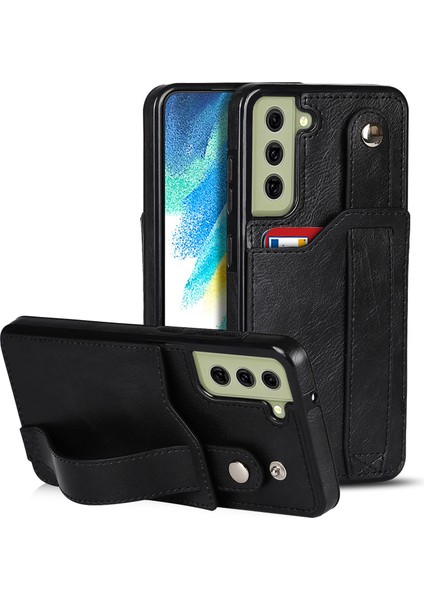 El Kayışı Kickstand Rfıd Engelleme Fonksiyonu Samsung Galaxy S21 Fe 5G/S21 Fan Edition-Black Için Kart Yuvası ile Anti Drop Pu Deri Kaplamalı Tpu Telefon Kılıfı (Yurt Dışından)