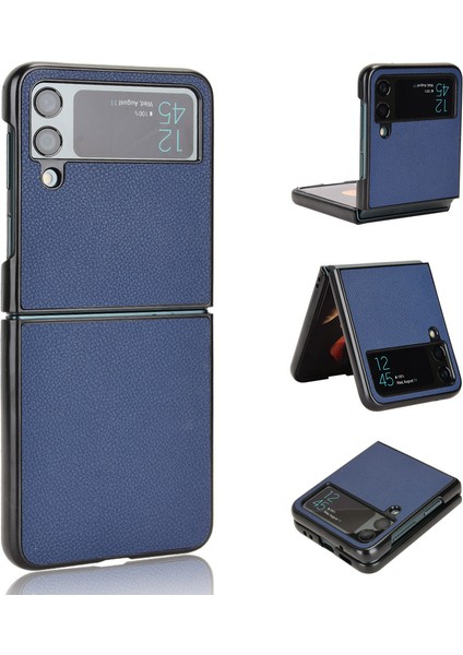 Samsung Galaxy Z Flip4 Için 5g Giyim Karşıtı Litchi Doku Pu Deri Kaplı Pc Kasası Damla Geçirmez Cep Telefonu Kapak-Karanlık Mavi (Yurt Dışından)