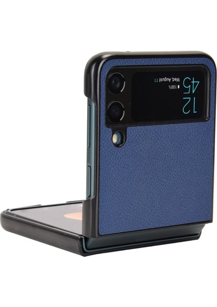 Samsung Galaxy Z Flip4 Için 5g Giyim Karşıtı Litchi Doku Pu Deri Kaplı Pc Kasası Damla Geçirmez Cep Telefonu Kapak-Karanlık Mavi (Yurt Dışından)