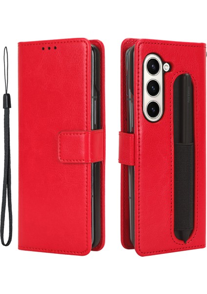Samsung Galaxy Z Four For Samsung Galaxy Z Fold5 5g Deri Cüzdan Çılgın At Doku Stand Kılıfı Pen Yuvası-Kırmızı (Yurt Dışından)