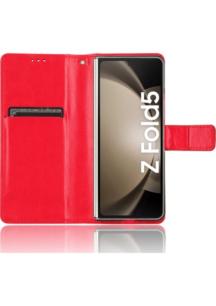 Samsung Galaxy Z Four For Samsung Galaxy Z Fold5 5g Deri Cüzdan Çılgın At Doku Stand Kılıfı Pen Yuvası-Kırmızı (Yurt Dışından)
