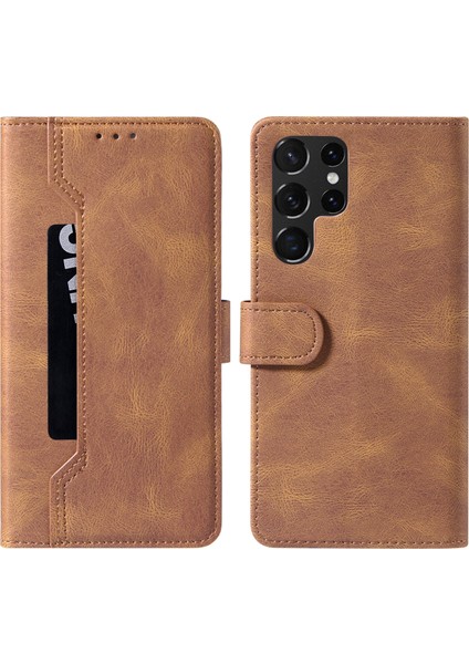 Stand Cüzdan Folio Flip Dikiş Samsung Galaxy S22 Ultra 5g-Brown Için Koruyucu Deri Telefon Kılıfı Kabuğu (Yurt Dışından)