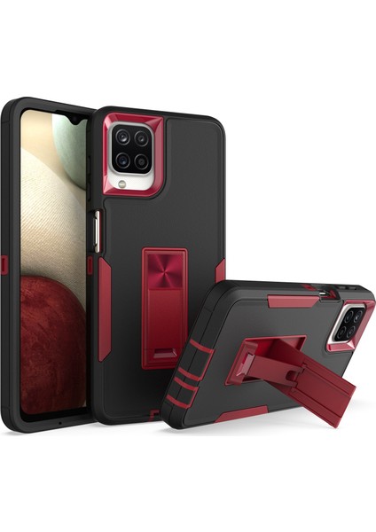 Samsung Galaxy A12 Hard Pc+Yumuşak Tpu Hibrid Kapak Kickstand Telefon Kılıfı Metal Metal Sac Black/wine Kırmızı (Yurt Dışından)