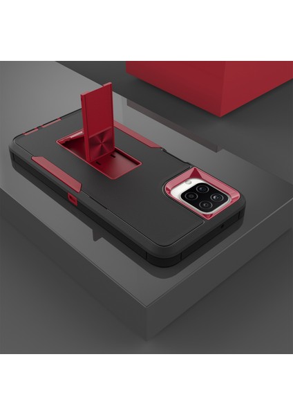 Samsung Galaxy A12 Hard Pc+Yumuşak Tpu Hibrid Kapak Kickstand Telefon Kılıfı Metal Metal Sac Black/wine Kırmızı (Yurt Dışından) fiyatları