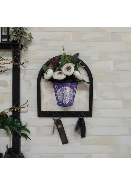 Ahşap Motifli Mor Saksı Içinde Beyaz Yapay Çiçek Askılık Duvar Dekoru