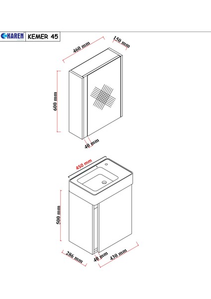 Karen Banyo Kemer 45 Cm,lavabolu,aynalı,banyo Dolabı,mat Antrasit,lavabo Dahil