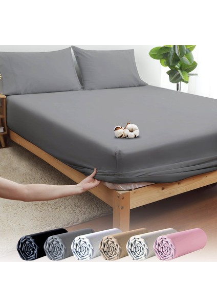 Gri Pamuklu Ranforce Tek Kişilik Lastikli Çarşaf + 1 Yastık Kılıfı 90 x 200