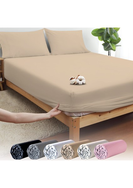 Bej Pamuklu Ranforce Tek Kişilik Lastikli Çarşaf + 1 Yastık Kılıfı 90 x 200