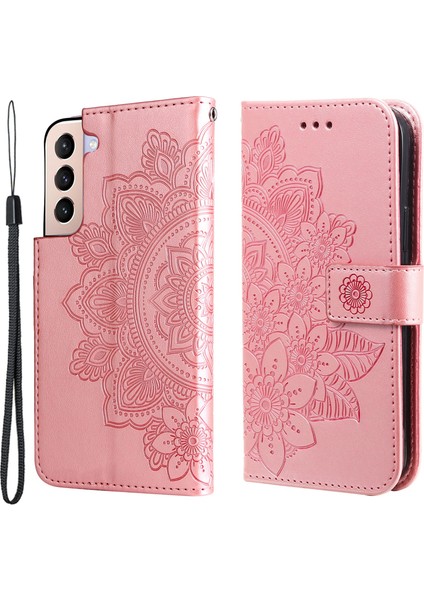 Çift Taraflı Toka Iyi Korumalı Baskı Çiçek Desen Pu Deri Standı Cüzdan Kapağı Kapak Kasası ile Samsung Galaxy S22+5G-ROSE Altın (Yurt Dışından)