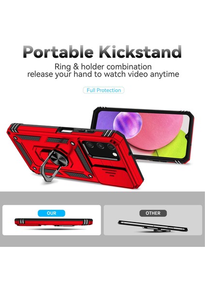 Samsung Galaxy A03S (165.8 x 75.9 x 9.1mm) (Abd Sürümü) Ring Kickstand Telefon Kasası Sert Pc+Tpu Slayt Kamera Koruması Kapak-Kırmızı ile Şok Geçirmez Anti-Damla Kabuk (Yurt Dışından)