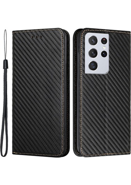 Seashell Digital Karbon Fiber Doku Katlanabilir Stand Şok Geçirmez Deri Cüzdan Kılıfı Samsung Galaxy S21 Ultra 5g-Black Için Otomatik Kapatma Mıknatıslı (Yurt Dışından)