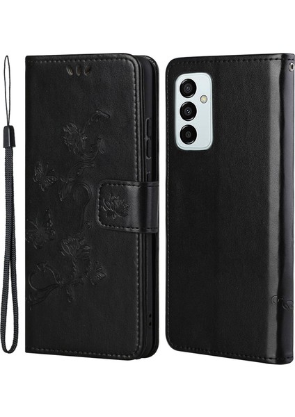 Samsung Galaxy Için M23 5G/F23 5g Baskılı Kelebek Çiçek Deseni Deri Kılıf Stand Kapağı Strap-Black (Yurt Dışından)