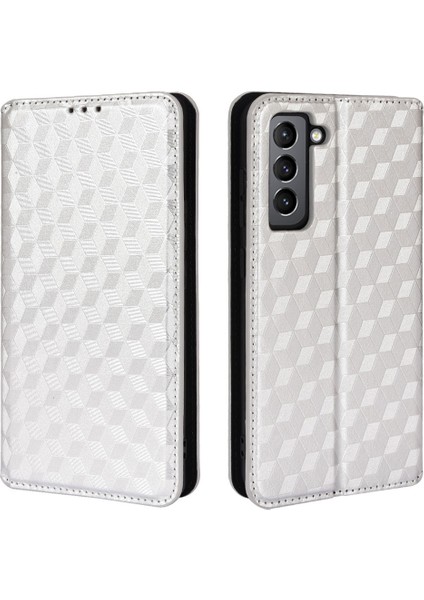 Samsung Galaxy S21 Fe 5g-Sılver Için 3D Rhombus Katlanabilir Stand Deri Kılıf Folio Flip Cüzdan Telefon Kılıfı (Yurt Dışından)