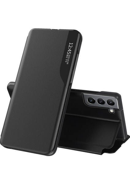 Akıllı Görünüm Pencere Stand Tasarım Kılıfı Pu Deri Işık Ince Flip Kapak Samsung Galaxy S22+5G-BLACK (Yurt Dışından)