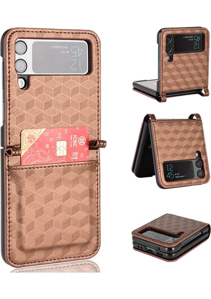 Samsung Galaxy Z Flip3 Için 5g Rhmombus Baskılı Pu Deri Kaplamalı Pc Tek Parçalı Çevirme Telefon Kılıfı Kart Tutucu-Brown (Yurt Dışından)