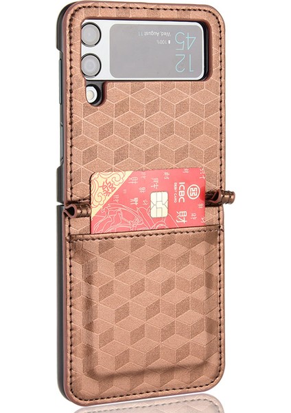Samsung Galaxy Z Flip3 Için 5g Rhmombus Baskılı Pu Deri Kaplamalı Pc Tek Parçalı Çevirme Telefon Kılıfı Kart Tutucu-Brown (Yurt Dışından)