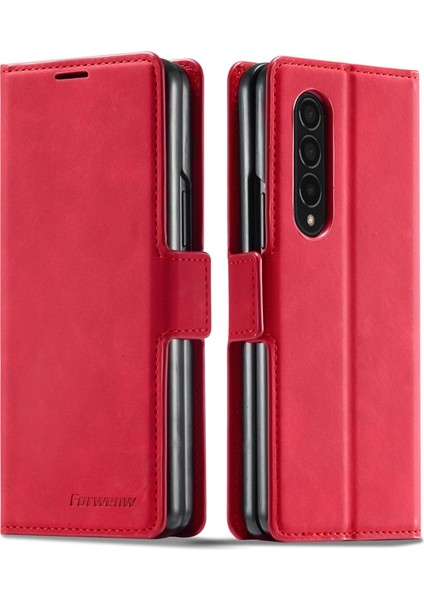 Samsung Galaxy Z Fold3 Için 5g Serisi Skin-Touch Pu Deri Iyi Korumalı Kapak Anti-Drop Cep Telefonu Stand Cüzdan Case-Red (Yurt Dışından)