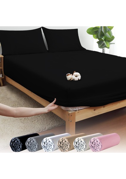 Siyah Pamuklu Ranforce Çift Kişilik Lastikli Çarşaf + 2 Yastık Kılıfı 160 x 200