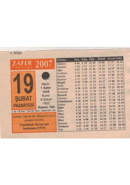 Gökçe Koleksiyon 19  Şubat 2007  Takvim Yaprağı  5652