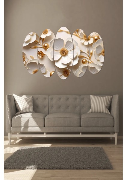 Notpa 5 Parça Beyaz Çiçek Tablo 3D Görünüm 55X83