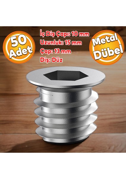 Metal Düz Dişli Dübel Ahşap Dübeli M10 13X15 Diş Çinko Mobilya Bağlantı Ünite Birleştirme (50 Adet)