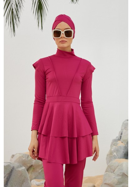 Likralı Tam Kapalı Tesettür Mayo Deniz Mayosu Fırfır Detaylı T223-46 Fuşya