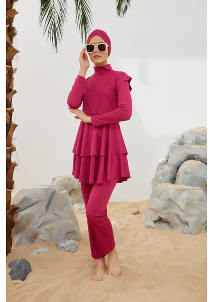 Likralı Tam Kapalı Tesettür Mayo Deniz Mayosu Fırfır Detaylı T223-46 Fuşya fiyatları