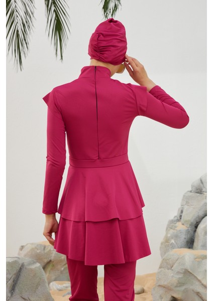 Likralı Tam Kapalı Tesettür Mayo Deniz Mayosu Fırfır Detaylı T223-46 Fuşya fırsatları