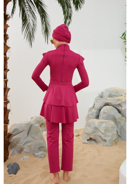 Likralı Tam Kapalı Tesettür Mayo Deniz Mayosu Fırfır Detaylı T223-46 Fuşya indirimleri