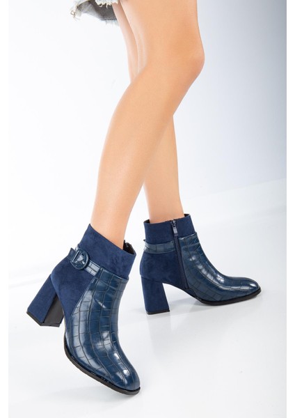 Süet ve Kroko Deri Küçük Kemerli Lacivert Kadın Kalın Topuklu Bot fiyatları