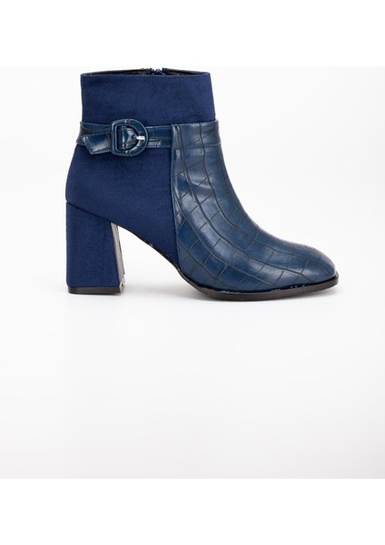 Süet ve Kroko Deri Küçük Kemerli Lacivert Kadın Kalın Topuklu Bot modelleri