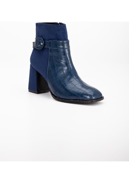 Süet ve Kroko Deri Küçük Kemerli Lacivert Kadın Kalın Topuklu Bot fırsatları