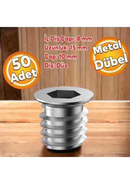 Metal Düz Dişli Dübel Ahşap Dübeli M8 10X15 Diş Çinko Mobilya Bağlantı Ünite Birleştirme (50 Adet)