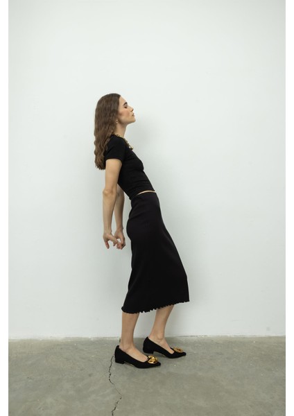 Kadın Siyah Ucu Fırfırlı Kaşkorse Etek Esnek ve Hafif Kumaş 95% Pamuk 5% Elasthane indirimleri